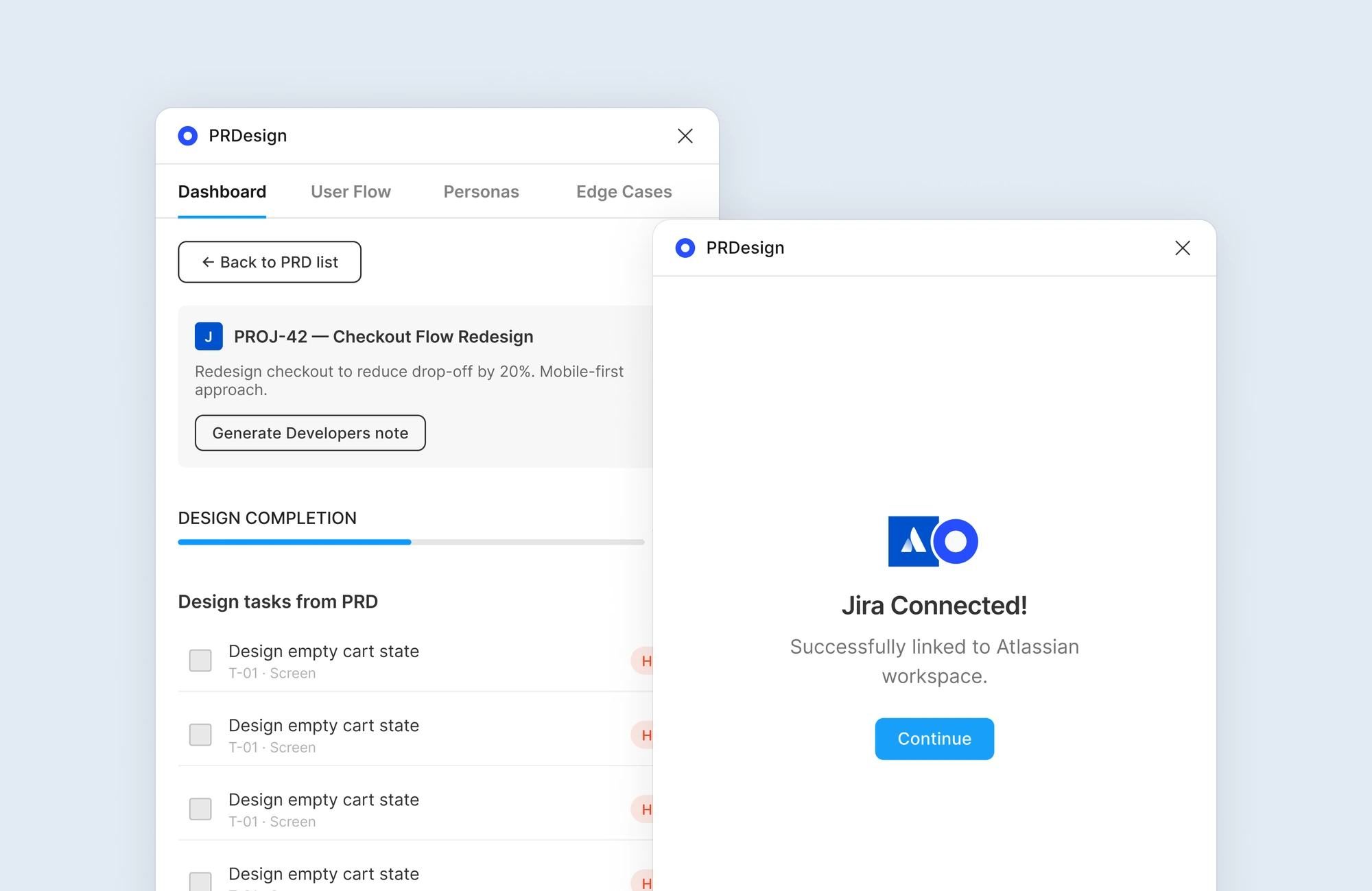 PRD dashboard and Jira connected state