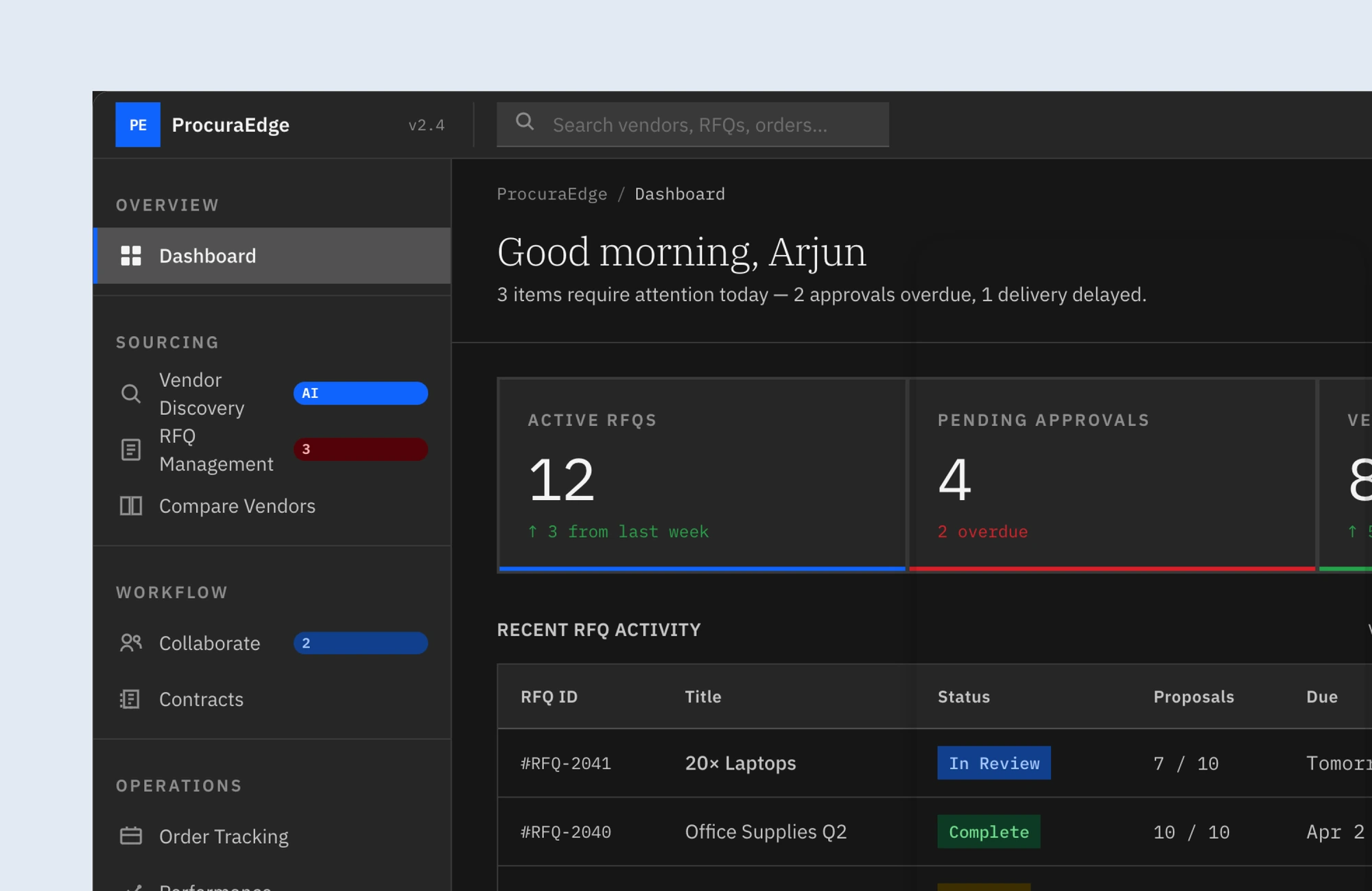Procurement dashboard, dark