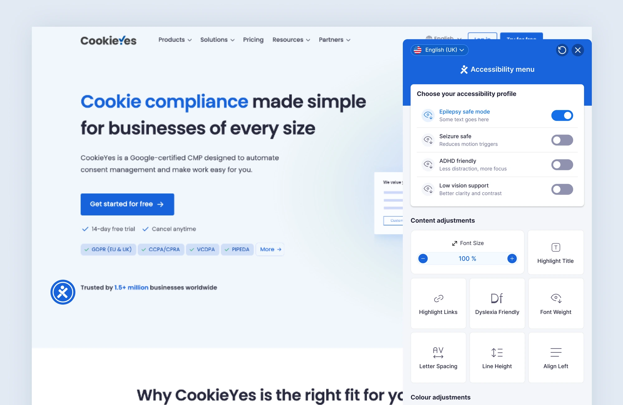 Accessibility menu, live on a customer site